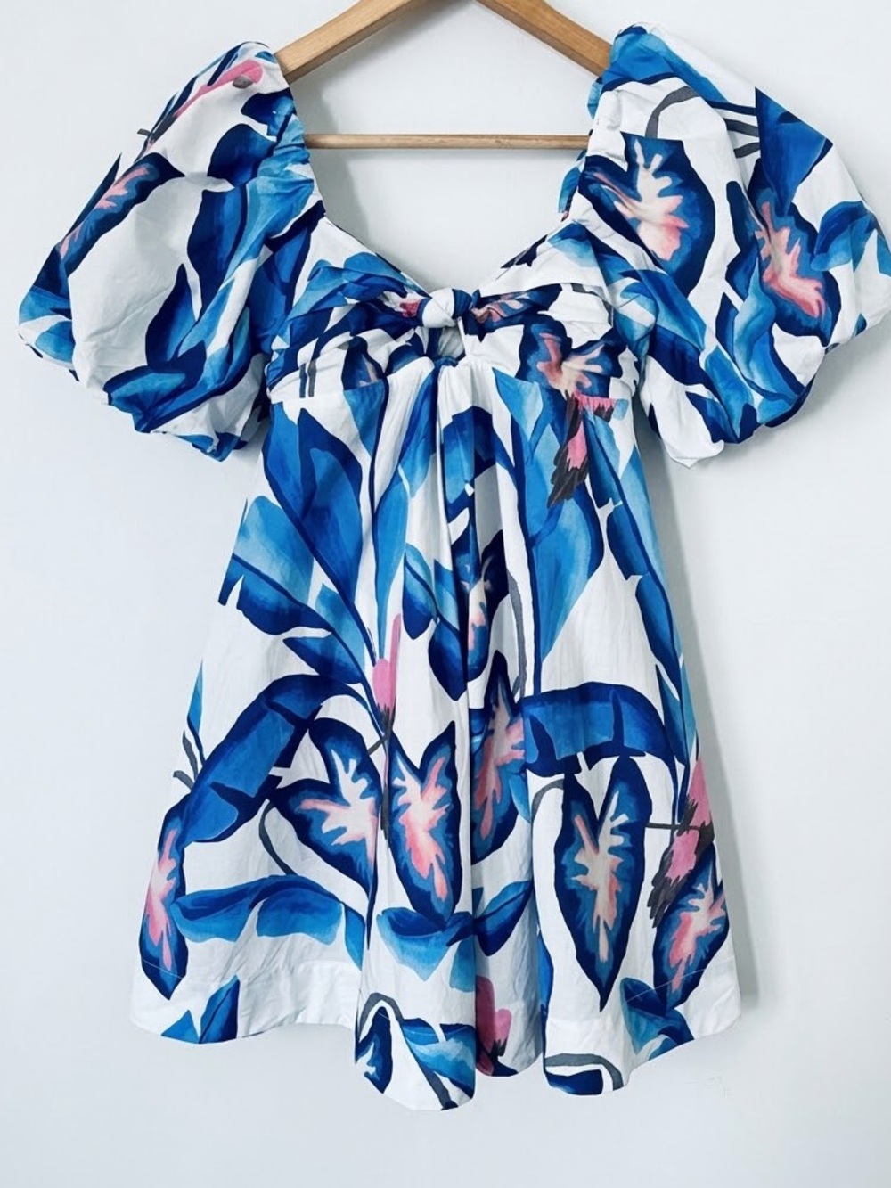 Farm Rio Blue Macaw Leaves Puff Sleeve Knot Front Mini Dress XS Tropical Cotton